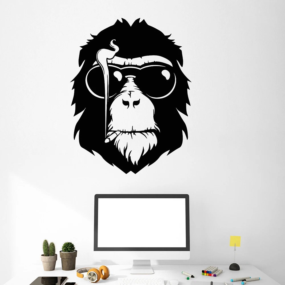 Vinyl Wall Decal Monkey Head In Sunglasses Cigarette Smoking Wall Stickers Smoking Room Decor Mural Removable Art Decals A432