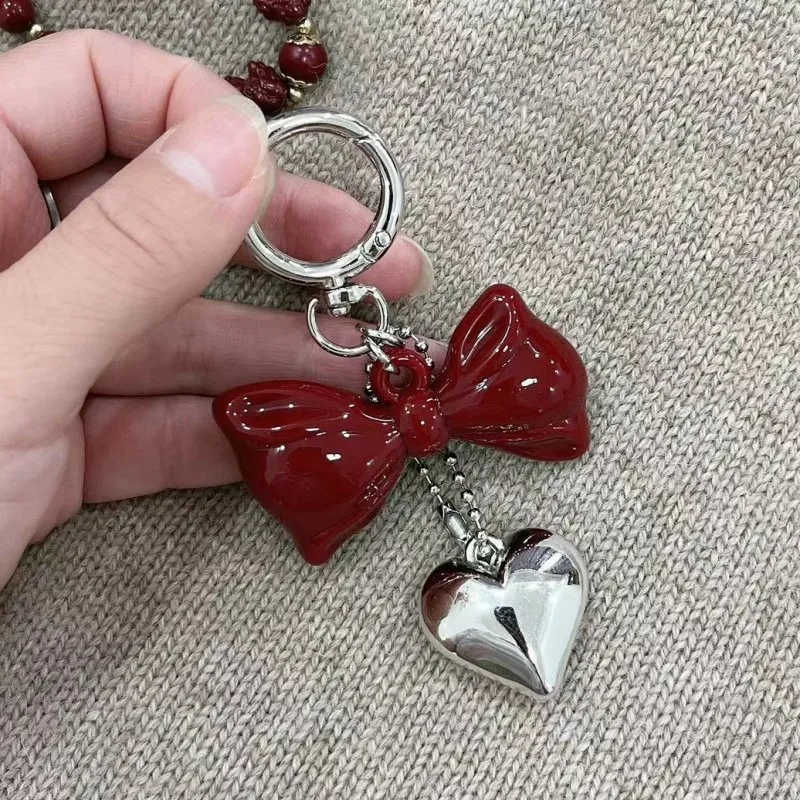 Cute Spring Buckle Red Love Key Chain Acrylic Fashion Bow Pendant Keychain Creative Bag Hanging Decoration Bag Accessories