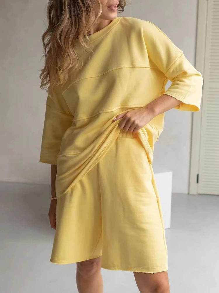 

Ekaliy Casual 100% Cotton Short Sets 2 Pieces Tracksuit Solid Color Half Sleeve Patchwork T Shirts Summer Outfits for Women 2023