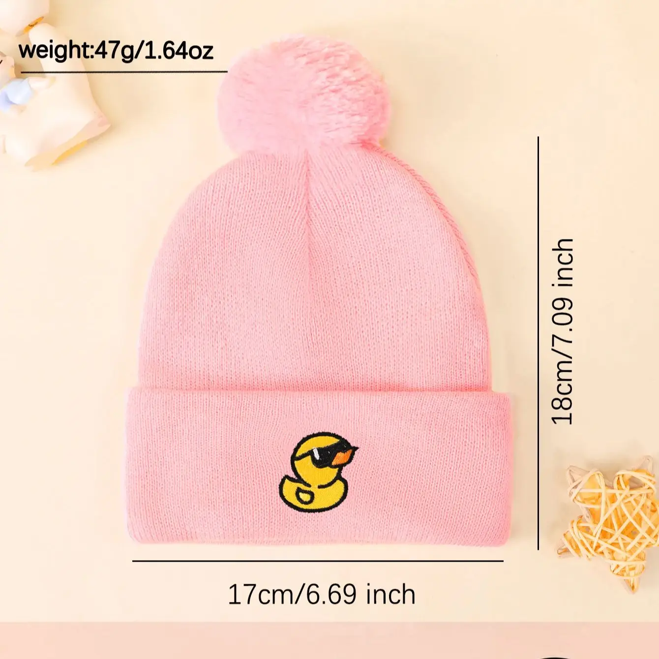1pc Kids' Beanie Hats with Pom-Pom and Embroidered Cute Duck-Stretch Fit Knit Caps for Boys, Suitable for Outdoor