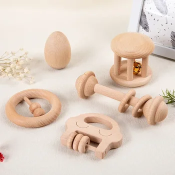 1PC Baby Teether Toys Wooden Bell Rattle Animal Moon Beech Ring Rattle BPA Free Wood Car Toddler Sensory Toys Newborn Gift Baby