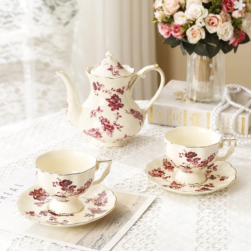 French Retro Ceramic Cup, Plate & Pot Set – Household Court Style Afternoon Tea Coffee Set 2