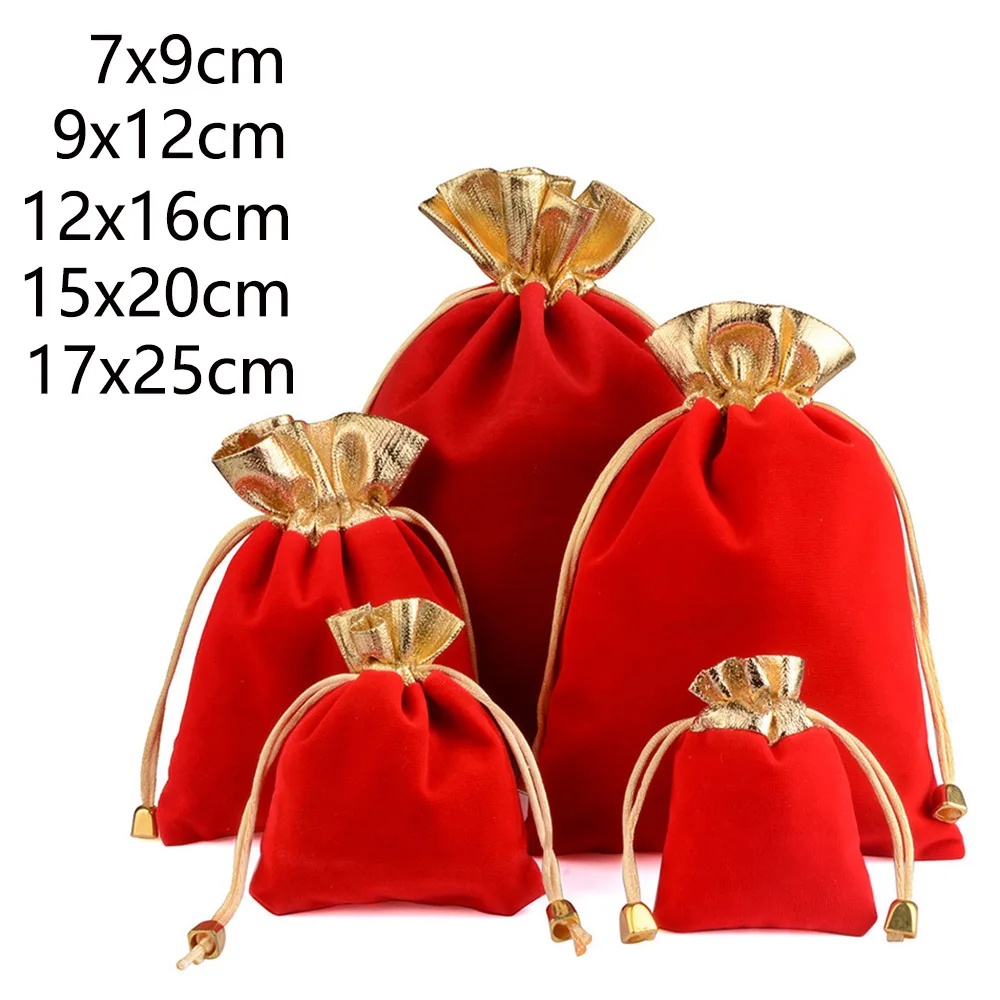 25 개/몫 골든 컬러 가장자리 Drawstring 선물 벨벳 가방 7X9 9X12 12X16cm 크리스마스 웨딩 보석 포장 파우치 도매