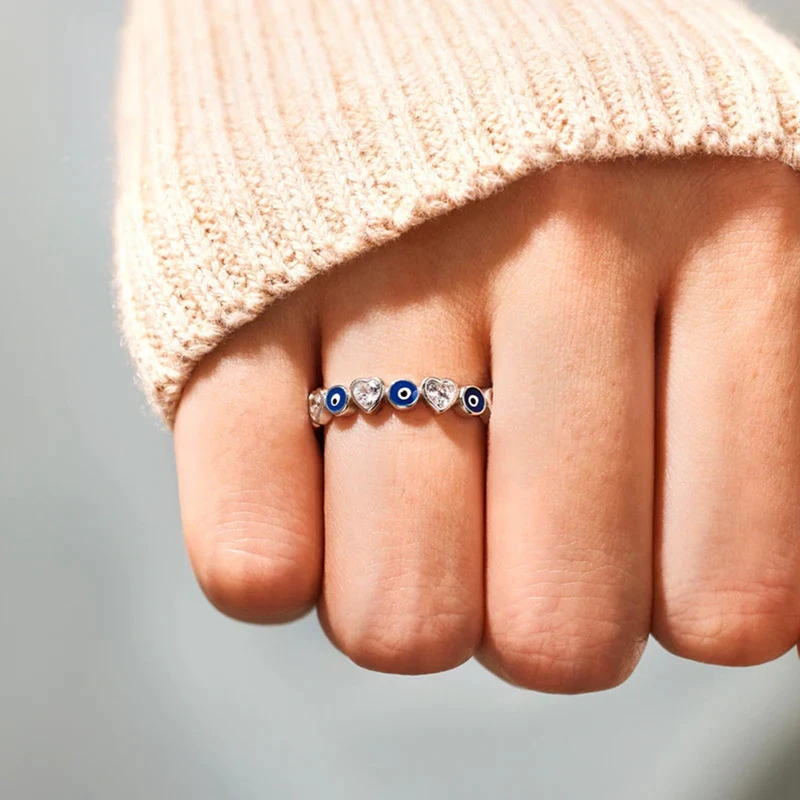 Finger Ring Opening Ring Zircon Crystal Ring Lucky Turkish Blue Evil Eye Zircon Open Rings for Women Vintage Colorful Enamel Love Heart Demon Eyes Party Jewelry