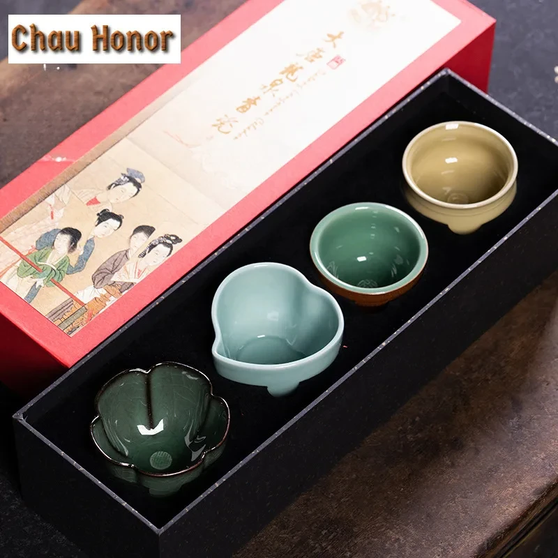 4pc/set Longquan Celadon Fortune Longevity Teacup Aesthetic Tea Bowl Tea Pair Tea-tasting Smelling Cup Chazhan Master Cup Teaset