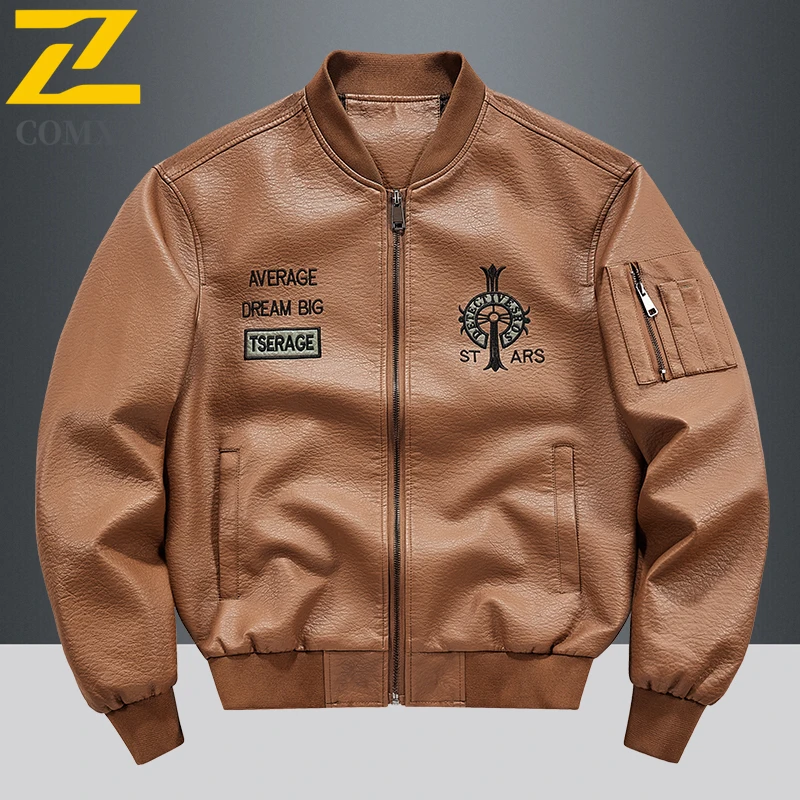 COMXZ Men Bomber Stand Collar Jacket Spring Autumn Retro Leather Loose Fit Korean Style Workwear Waterproof Motorcycle Outerwear