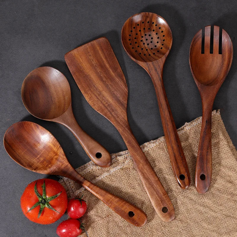 Teak cooking spatula 5-piece set, non stick pan, long handled wok, spatula, spoon, wooden kitchen utensils, essential kitchen 2