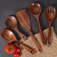 Teak cooking spatula 5-piece set, non stick pan, long handled wok, spatula, spoon, wooden kitchen utensils, essential kitchen 2
