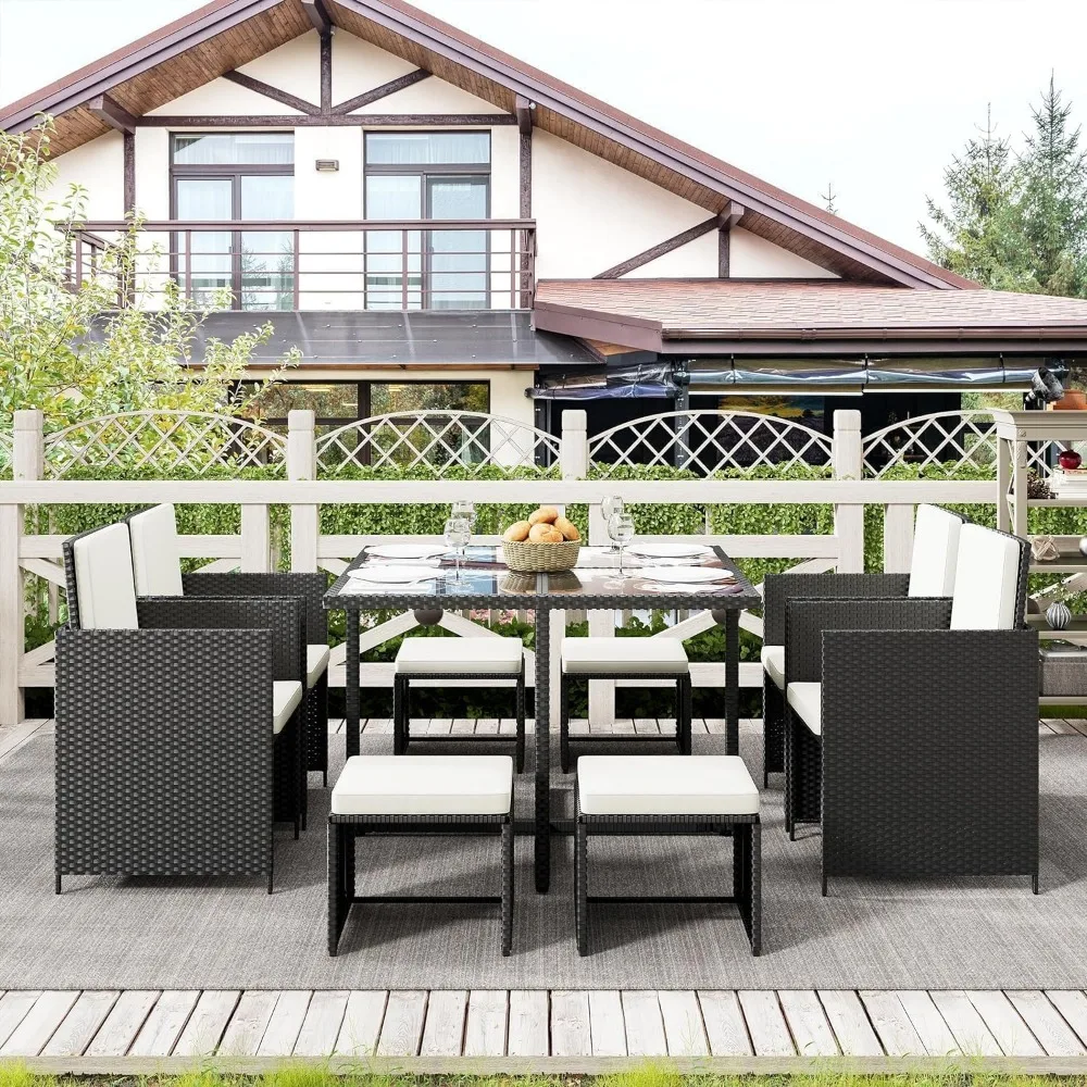 Space Saving Wicker Chairs with Glass Table and Ottomans, Cushioned Seating and Back Sectional Dining Sets, Garden Sofas 5