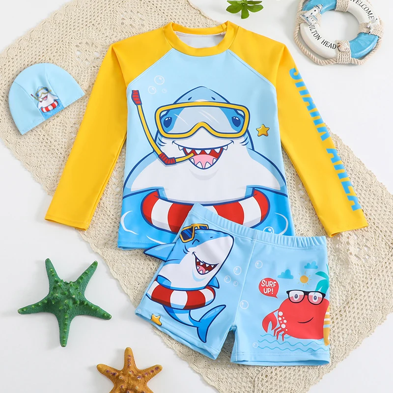 Children Swimwear Children's Long Sleeve Swimsuit Boy Split Cartoon Summer Sunscreen Quick Drying Small Kids Seaside Vacation Set