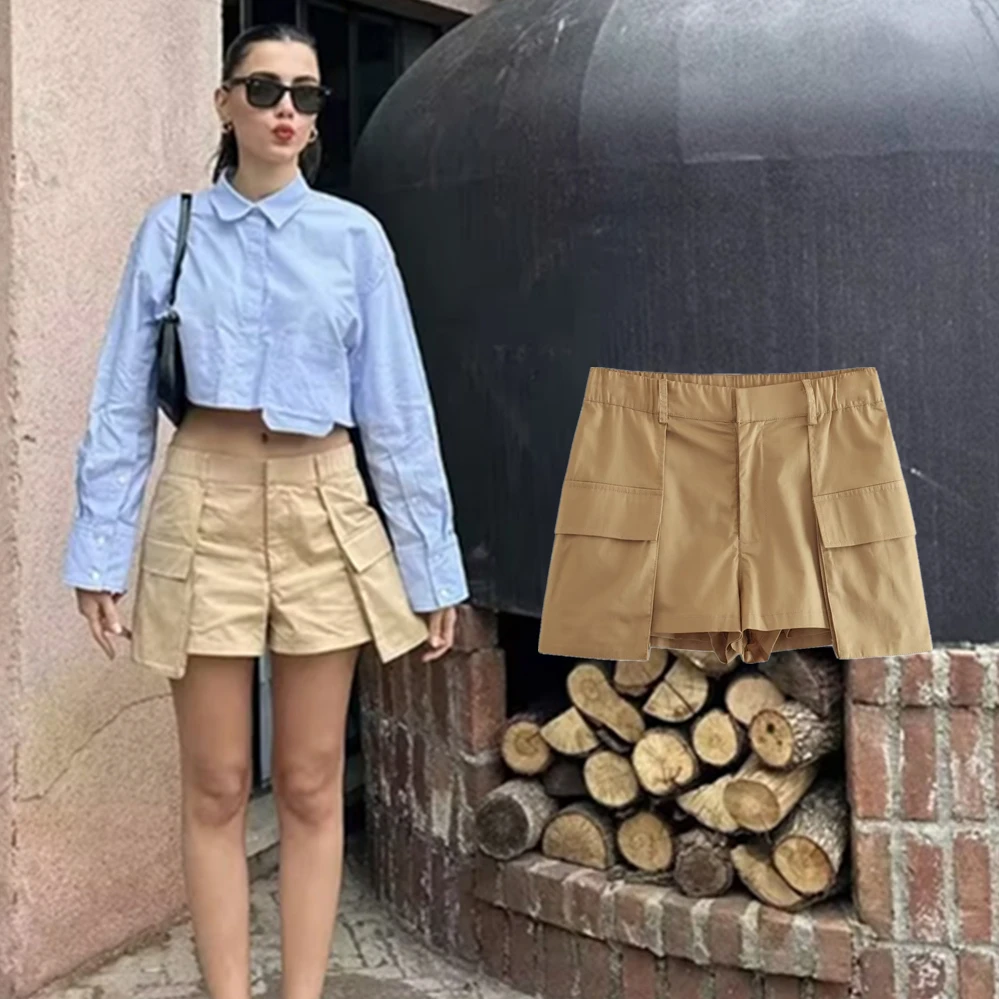 Maxdutti Ins Fashion Blogger High Street Sexy Culottes Women Bermuda Shorts High Waist Pocket Cargo Khaki Retro