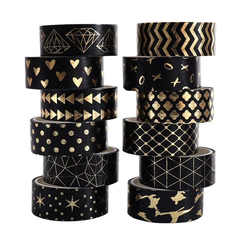 

Black Gold Foil Washi Tapes Scrapbooking 12Pcs Decorative Adhesive Tape Journaling Materials School Supplies Washi Tape Set