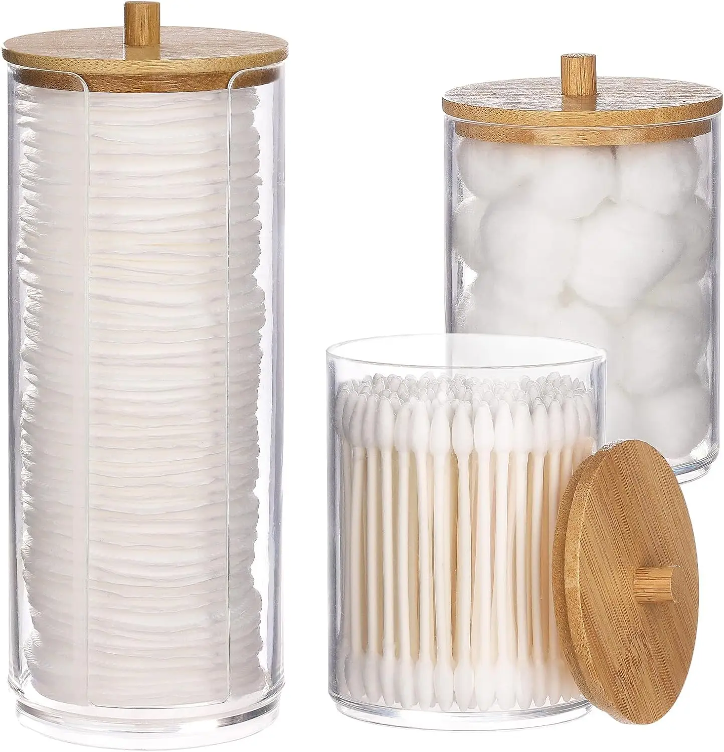 Acrylic Storage Box Bathroom Jar Makeup Organizer Cotton Round Pad Holder Cotton Swab Box Qtip Holder Dispenser with Bamboo Lid 6