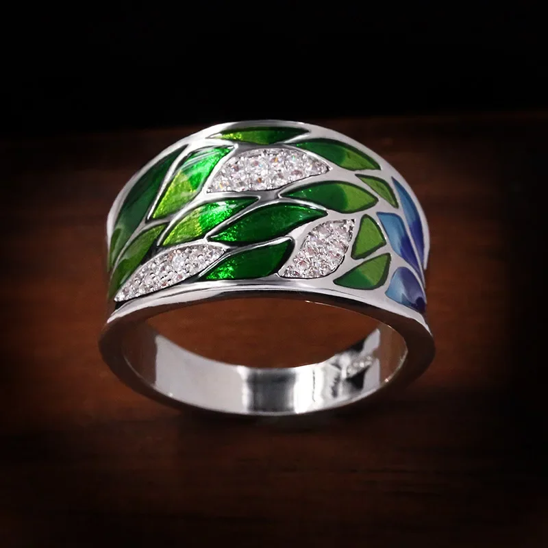 Silver Rings Silver Ring Wedding Rings Elegant Bohemian Style 925 Silver Green Leaf Enamel Ladies Ring Zircon Inlaid Wedding Ring Fashion Jewelry Flower For Women