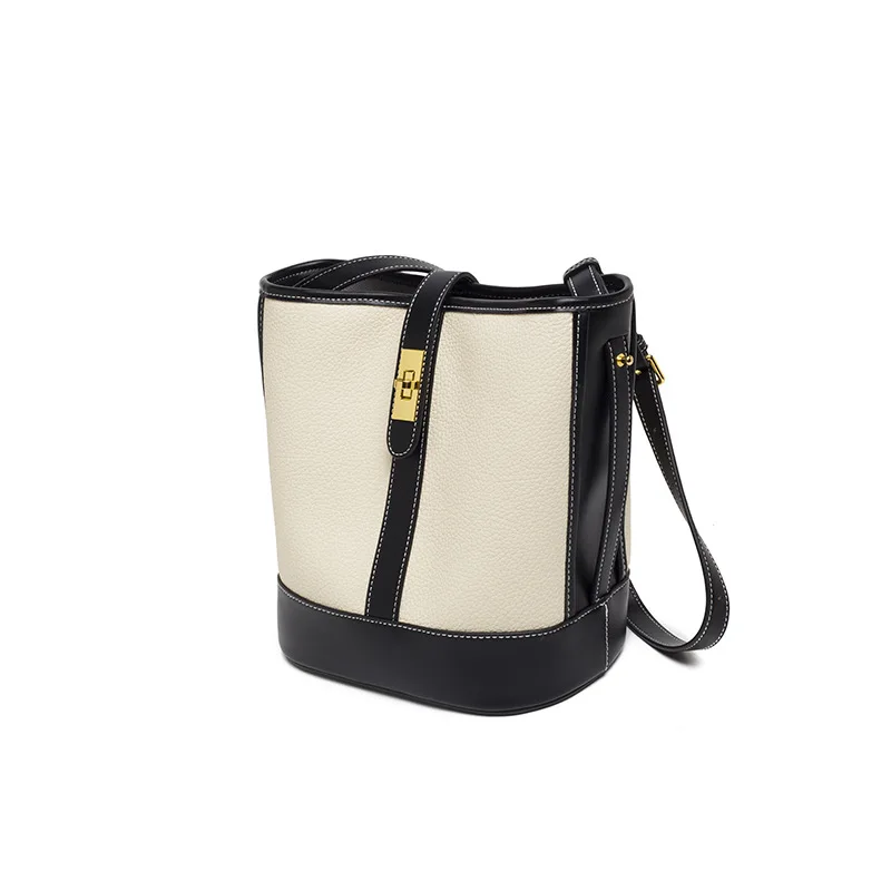 Maxdutti Fashion Retro Canvas Stitching Soft Leather Shoulder Messenger Bag Large Capacity Bucket Bag Female Commuter Versatile