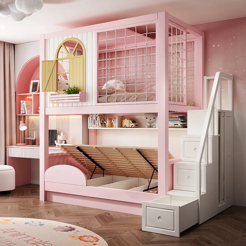 Children's furniture full solid wood two layers of wooden beds for girls double-decked high and low beds master and mother bed