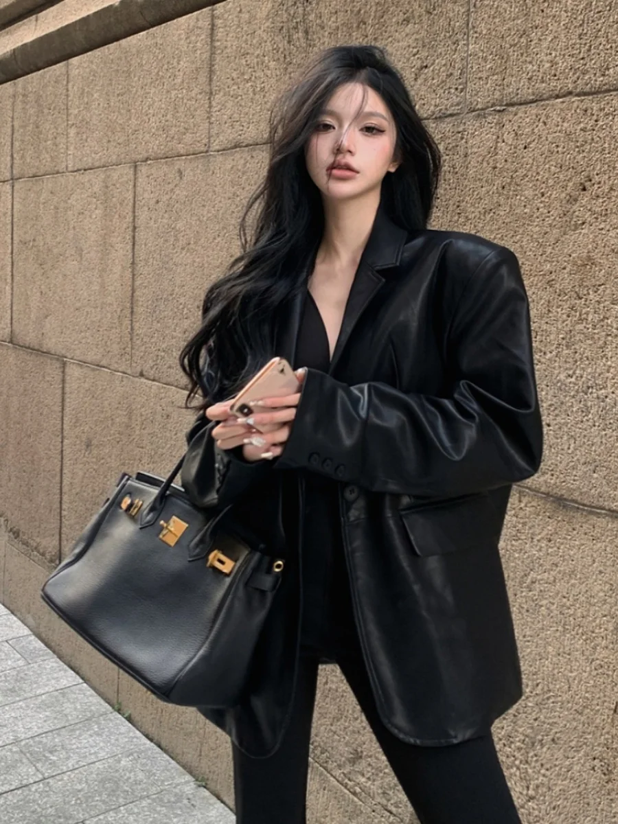

SuperAen PU Suit Coat Women's 2023 Autumn New Korean Design Motorcycle Black Leather Suit Jacket Top