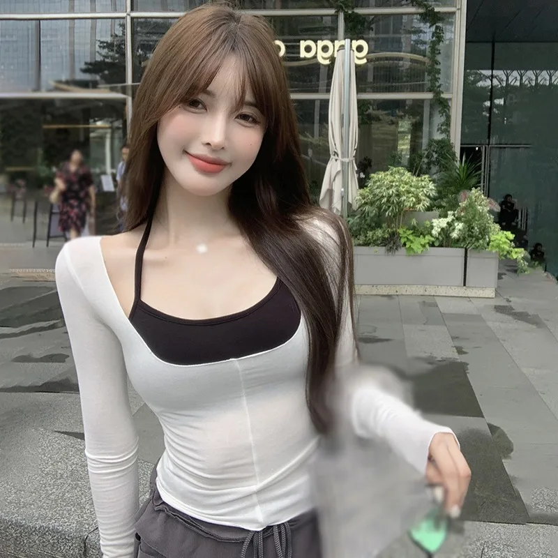 Slim Long Sleeves T-shirt Two Piece Set Women's Short Camisole Summer Outdoor Street Mall Shopping Tops Cooling Clothes101_voghion.com