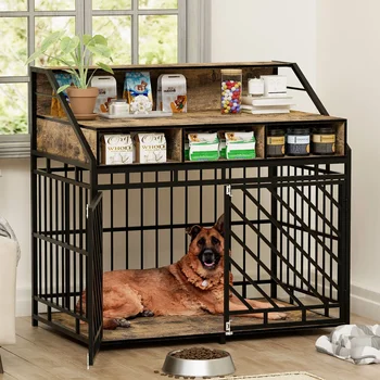 43.3 Inch Large Dog Cage Furniture Heavy Duty Decorative Pet House with Three Drawers Storage for Large and Medium Dogs, Brown 1