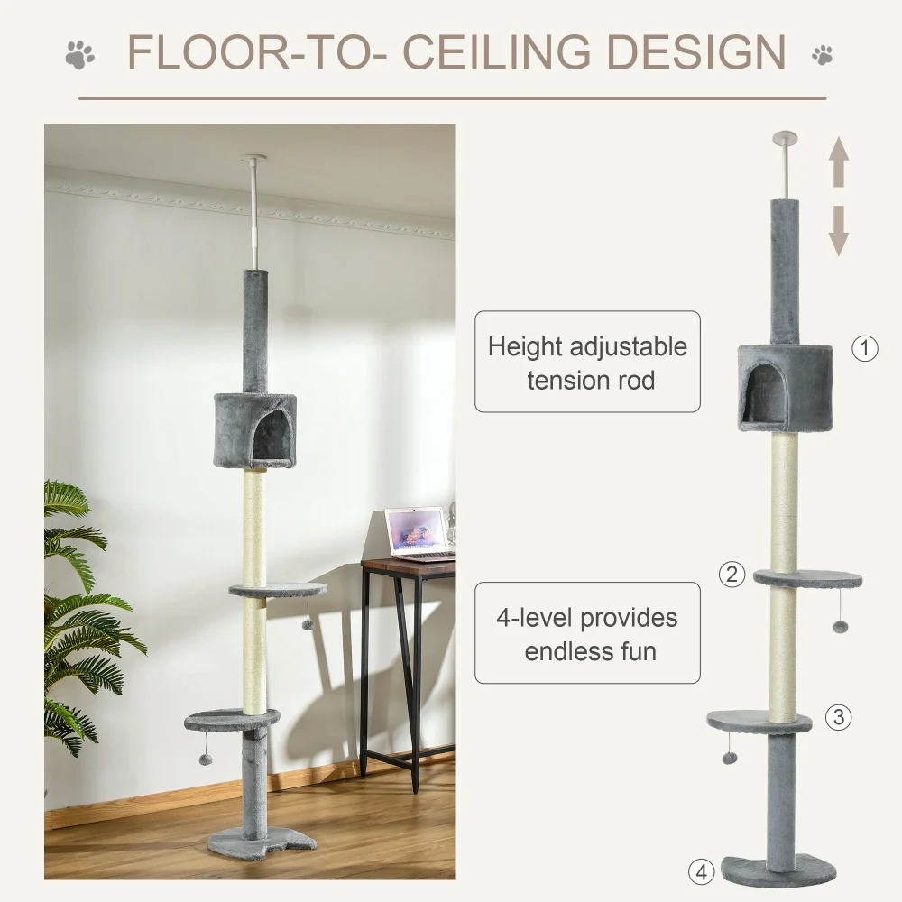 PawHut 85.5"Cat Tree Height Adjustable Floor-to-Ceiling 4-Tier Kitty Climbing Activity Center Condo Toy with Scratching Post