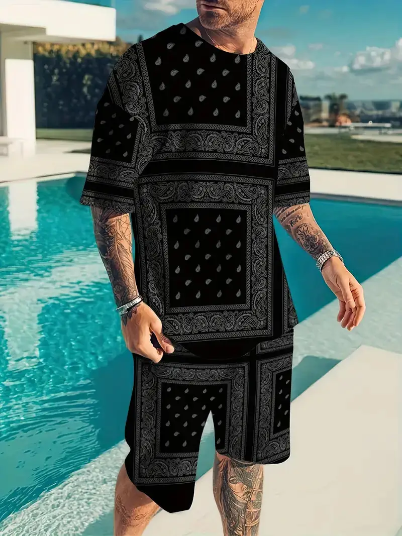 Men Mode Bandana Homme 3D Bandana Printed T Shirt+Shorts 2PCS