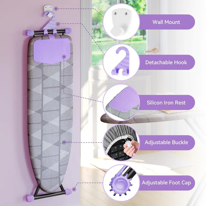 Ironing Board, Compact Iron Board with Silicon Iron Mat, Heat Resistant Cover, 7 Height Adjustable, Foldable Ironing Board