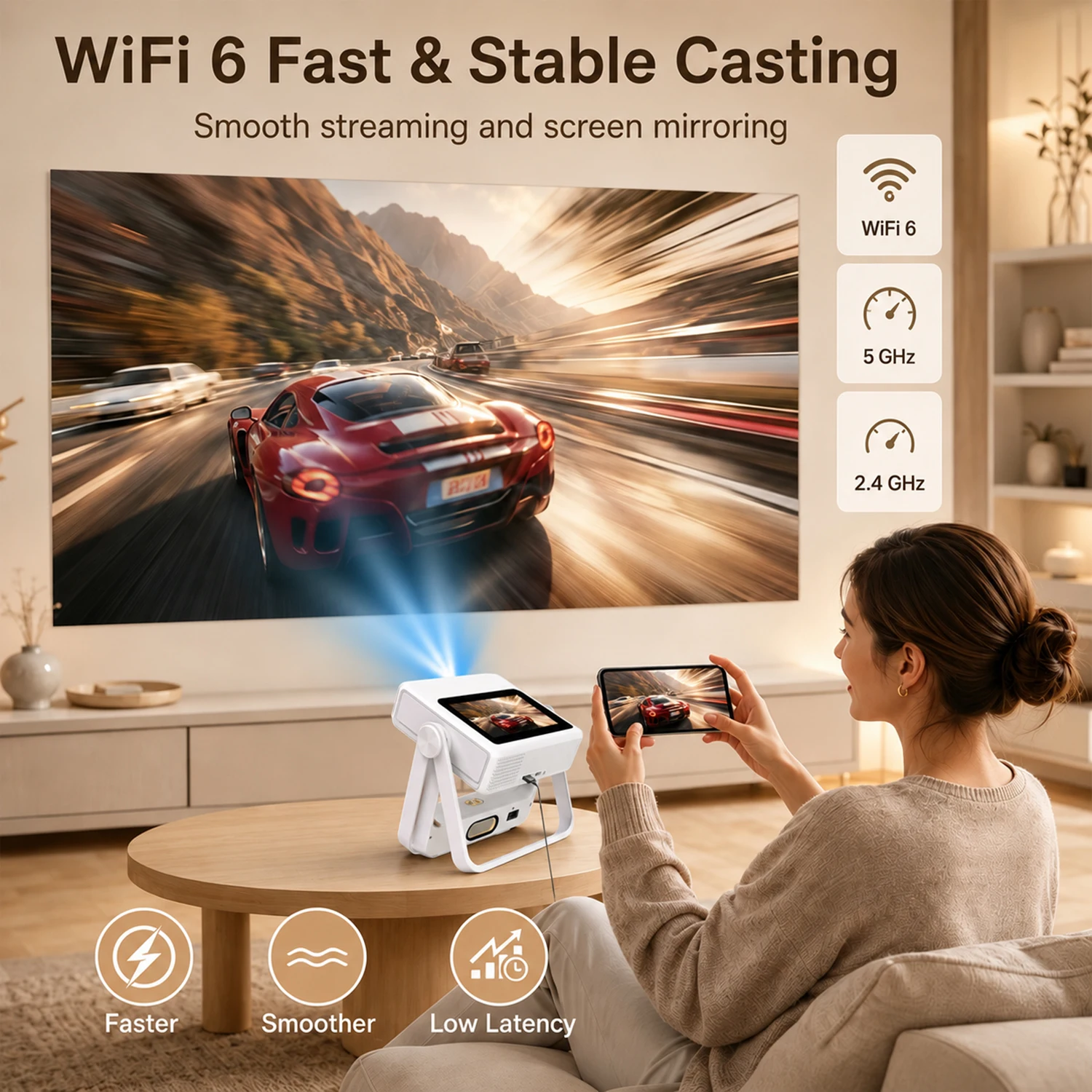 3-in-1 안드로이드 12 프로젝터 7인치 1080P 4K 자동 초점 180도 ° 회전식 천장 시네마 HDMI USB BT5.0 WiFi