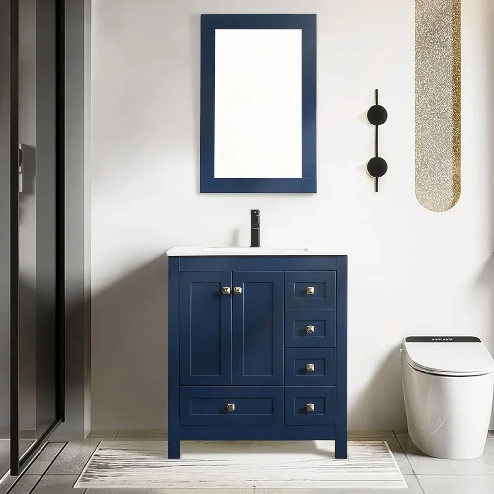 30" Bathroom Vanities Cabinet with Sink Combo Set, Undermount Ceramic Sink w/Thickened Wood, Matte Black Faucet, Painted Surface 2