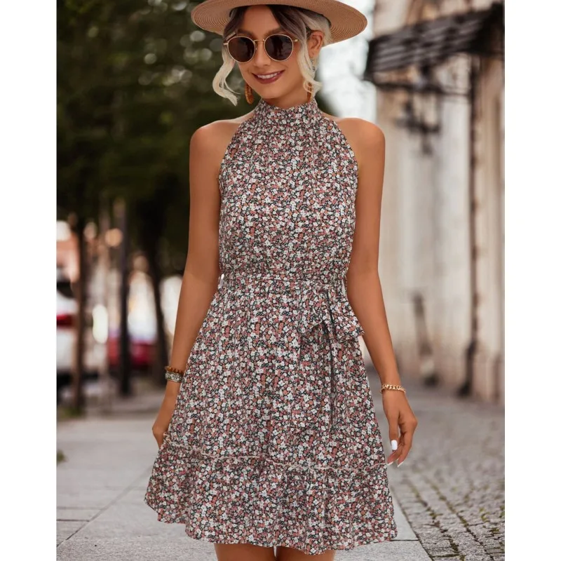 

2023 Summer New Product Elegant Fashionable High Waist A-line Hanging Neck Ruffled Edge Sleeveless Fragmented Flower Print Dress