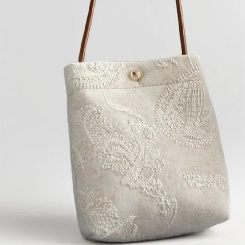 Beige Jacquard Embroidery Handbag Women Vertical Lightweight Mini Shoulder Bucket Bag Ladies Retro Casual Crossbody Bags Purse