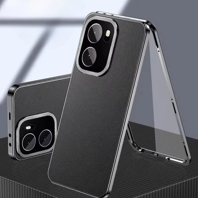 Luxury Double-Sided Tempered Glass Leather Cover with Shockproof Bumper