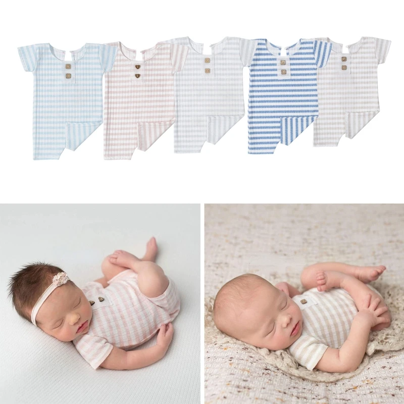 

Newborn Baby Photography Props Short Sleeve Rompers Striped Print Buttons Round Neck Infant Jumpsuit Onesie Costume Dropshipping