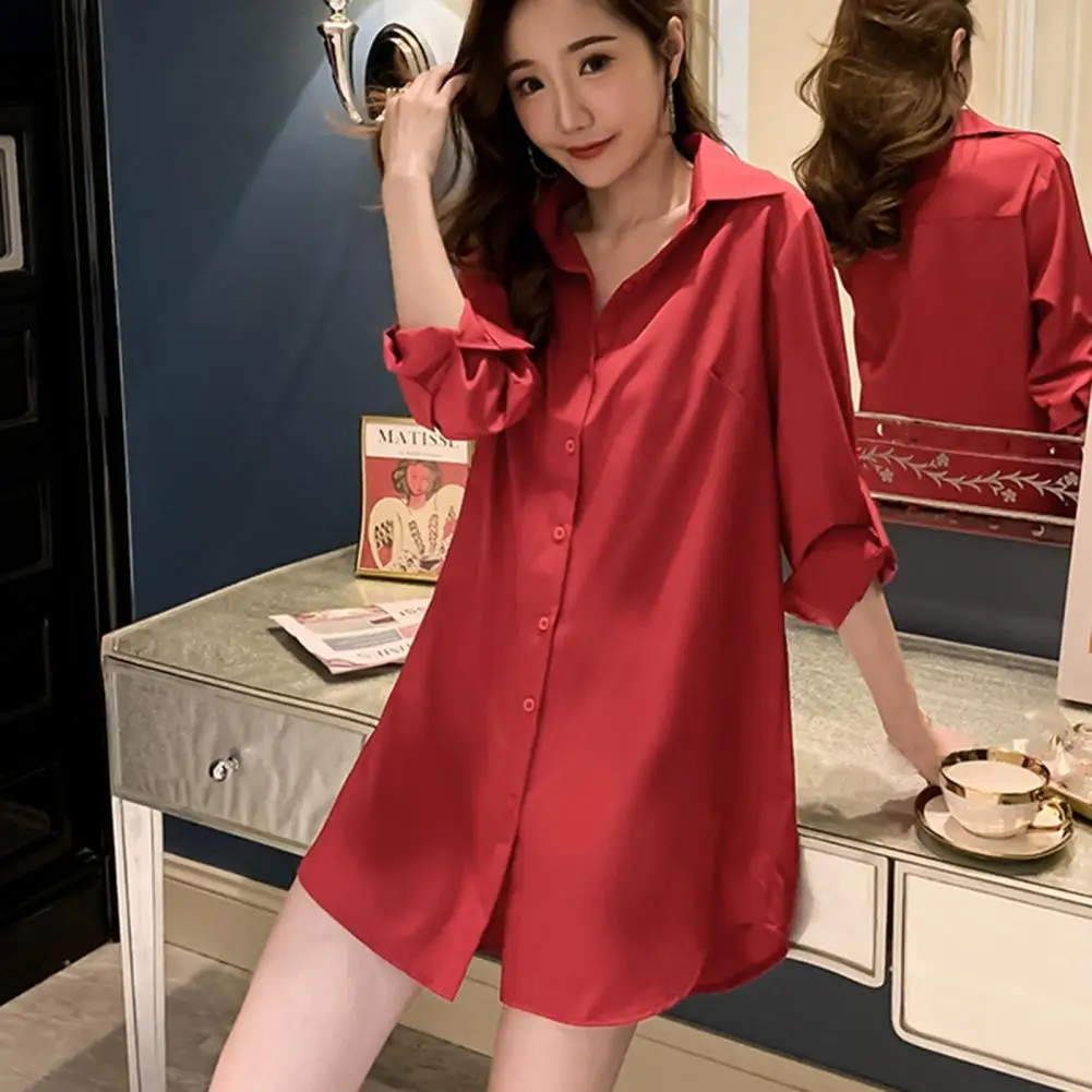 

Relaxed Fit Mini Dress Women's Casual Shirt Dress Long Sleeve Mid-length Lapel Shirt Solid Color Nightdress Oversize for Spring