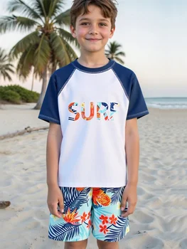 Boy Kids Swimsuit 2026 New Letter Print Short Sleeve Children Swimwear Summer Two Piece Beach Pants Shorts Bathing Suit Swimming