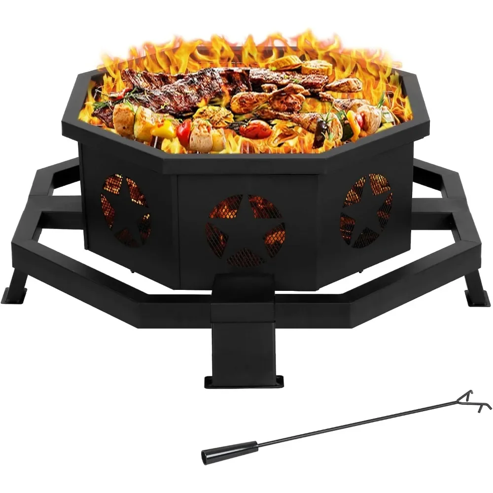 35 Inch 2 in 1 Fire Pit with Grill, Large Wood Burning Fire Pit with Cooking Grate, Octagonal Outdoor Firepit