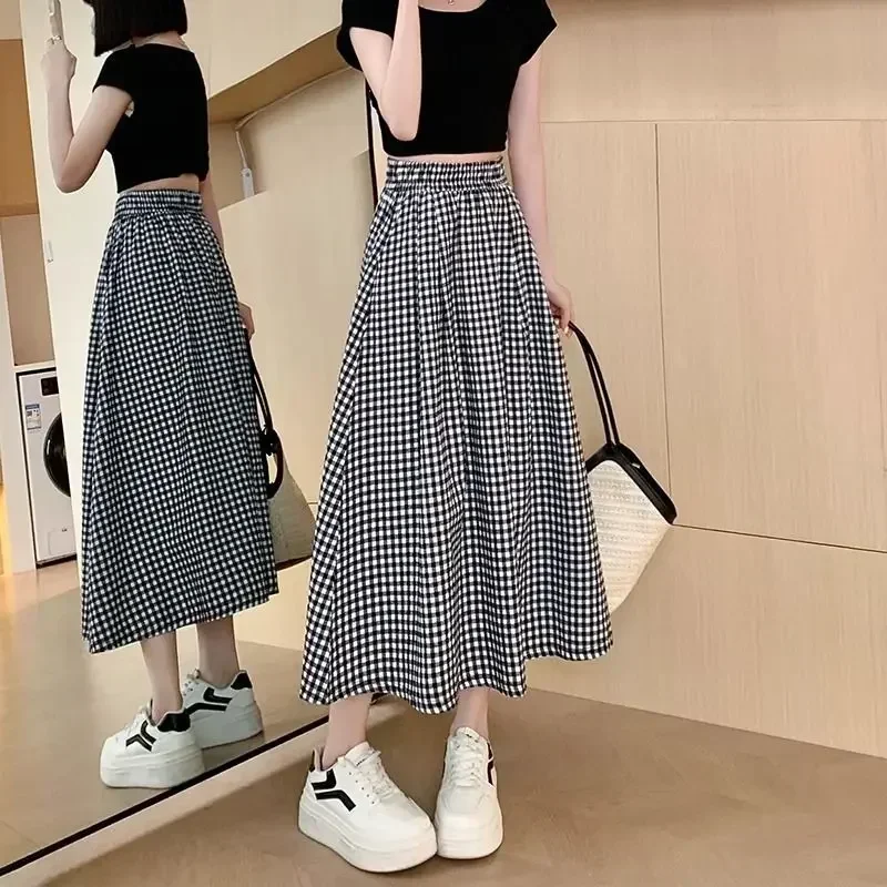 Women A-line Skirt High Waist Slim Summer Pocket Long Skirts Black White Lattice Cute Sweet Girls Half Skirt Girls Clothing
