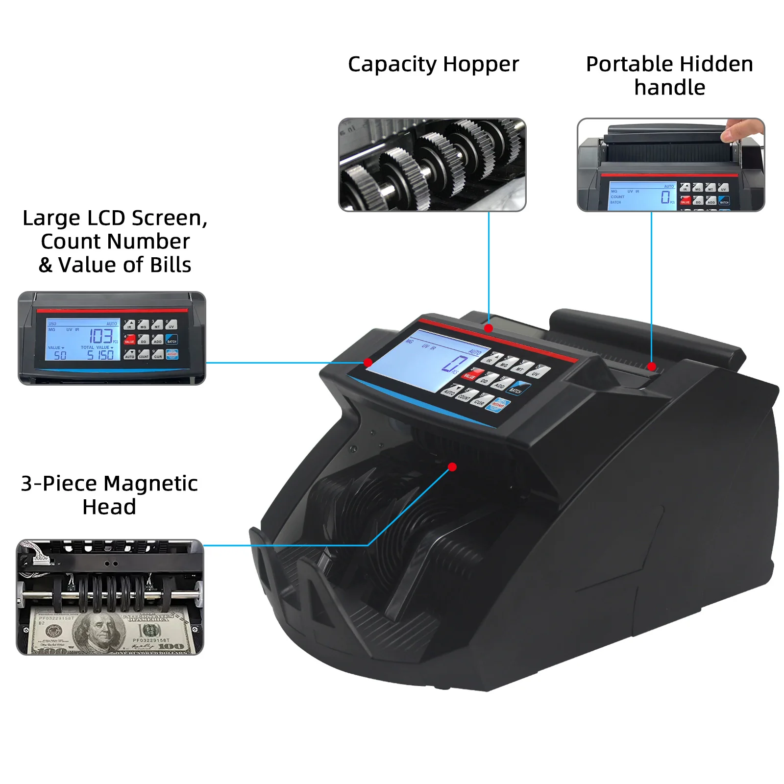 2100D Money Counting Machine Multi-currency Bank Cash Bill Counter Detector with Calculator