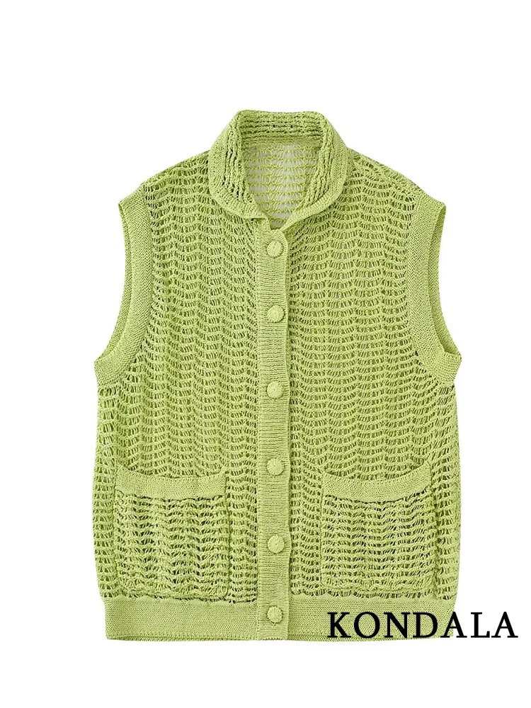 Kondala Chic Green Knitted Vest Sweater Fashion 2022 Button Women Vintage Sleeveless Pockets