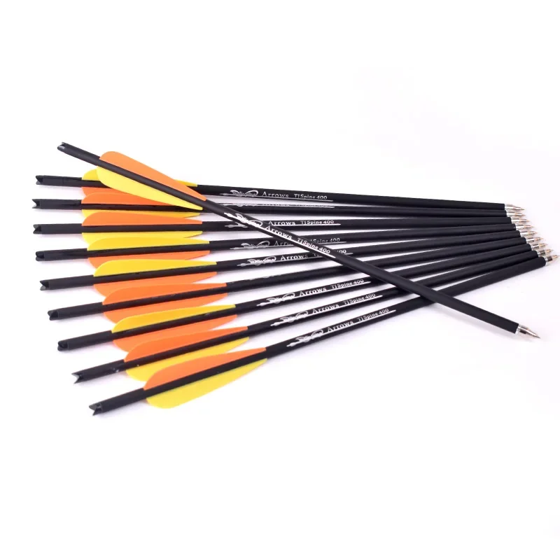 사냥 석궁 양궁, 주황색, 노란색 깃털, 척추 400, 탄소 화살, OD8.8mm, ID7.6mm, 13.5-32 인치, 12 개