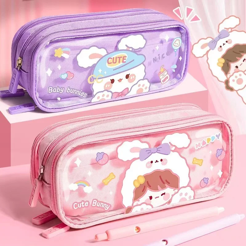

Cartoon Transparent Canvas Pencil Bag Student Stationery High Appearance Large Capacity Three Layer Multifunctional Pencil Bag