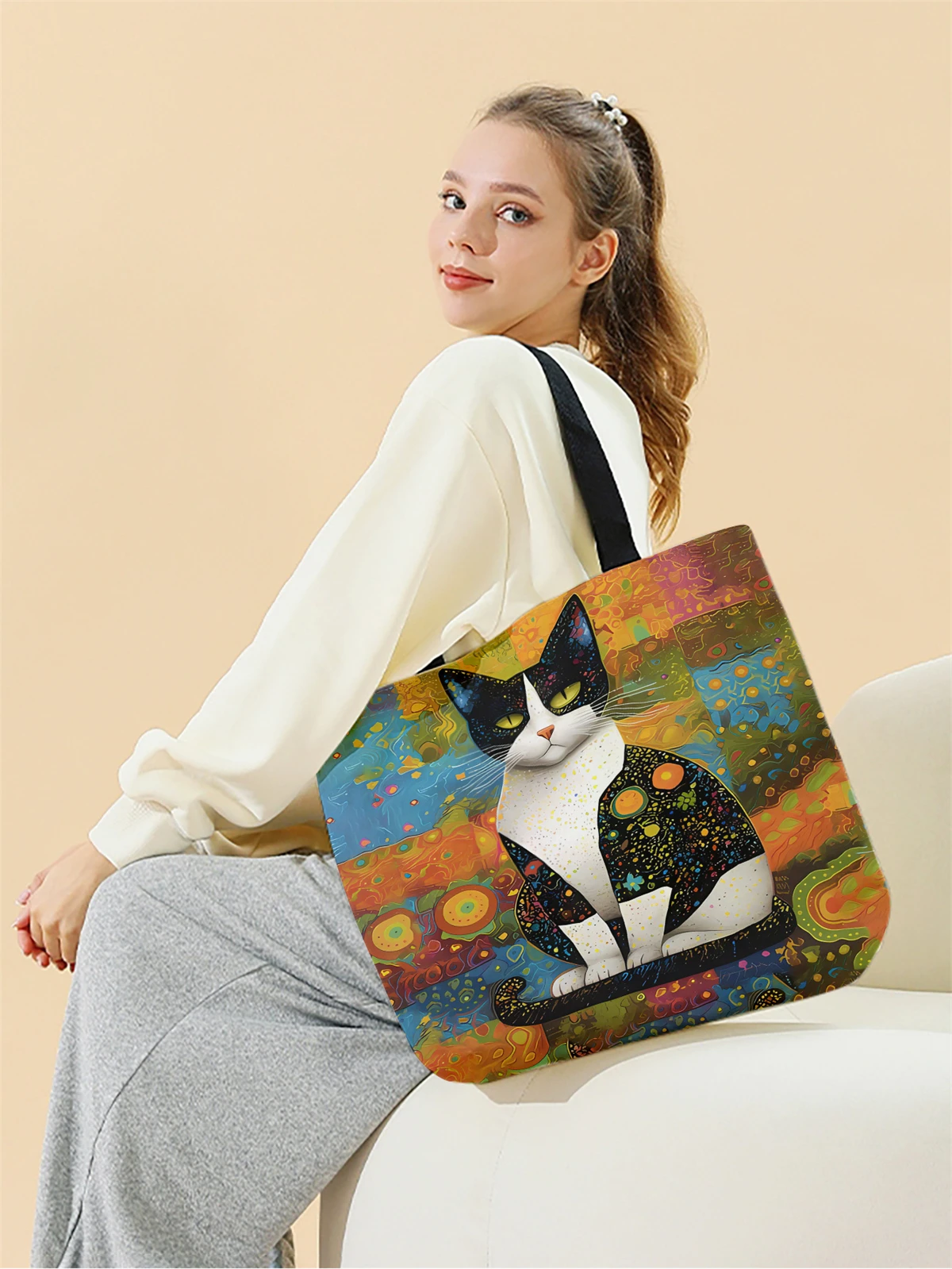 1pc,colorful cat handbag, reusable fashionable handbag, multifunctional handbag, printed canvas shopping bag