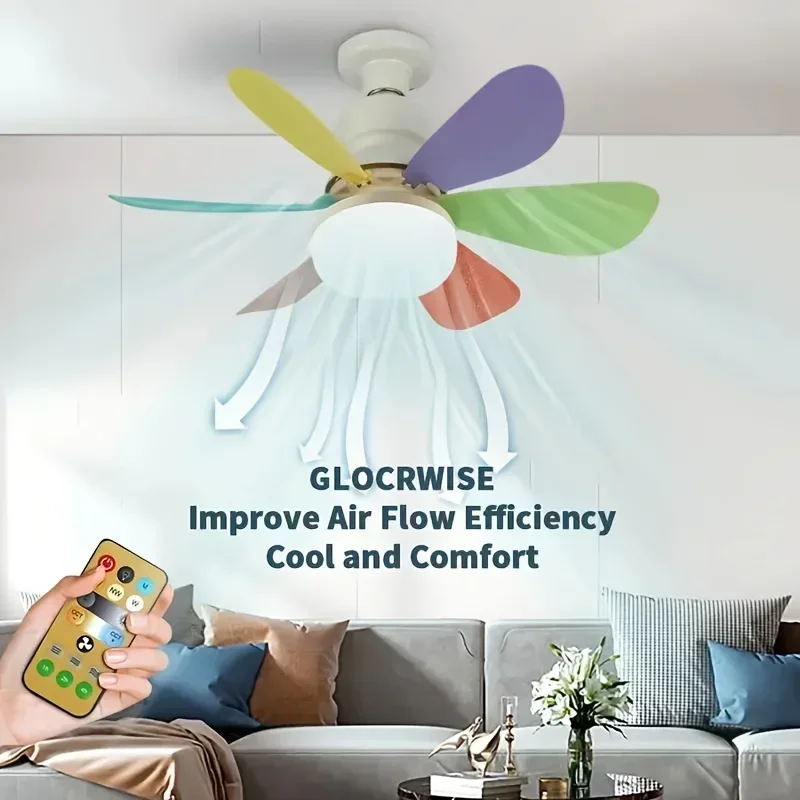 Ceiling fan light with remote socket light with fan E26 base 30W/40W ceiling 3 speeds white/multicolored for bedroom