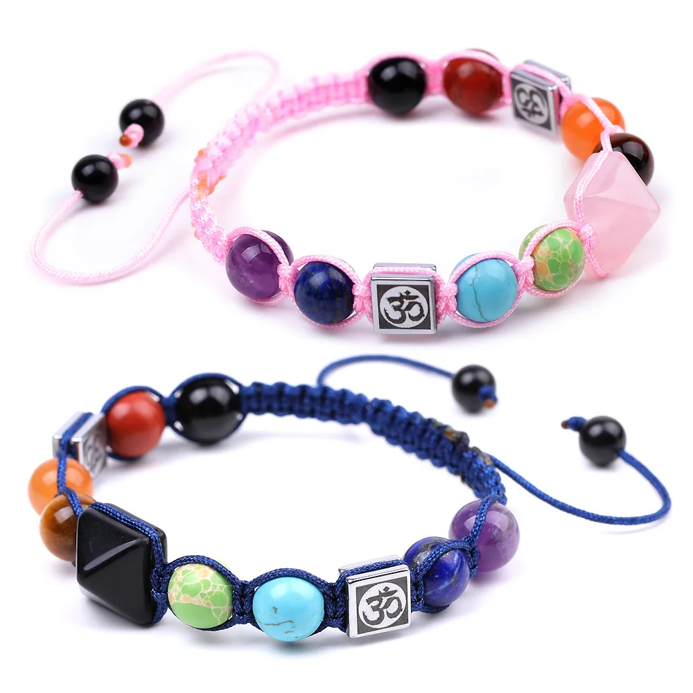 

Semi Precious Stone Natural Rock Crystal Pyramid Ball Beads Braided Colorful Yoga Bracelets Adjustable Energy Bracelet & Bangle