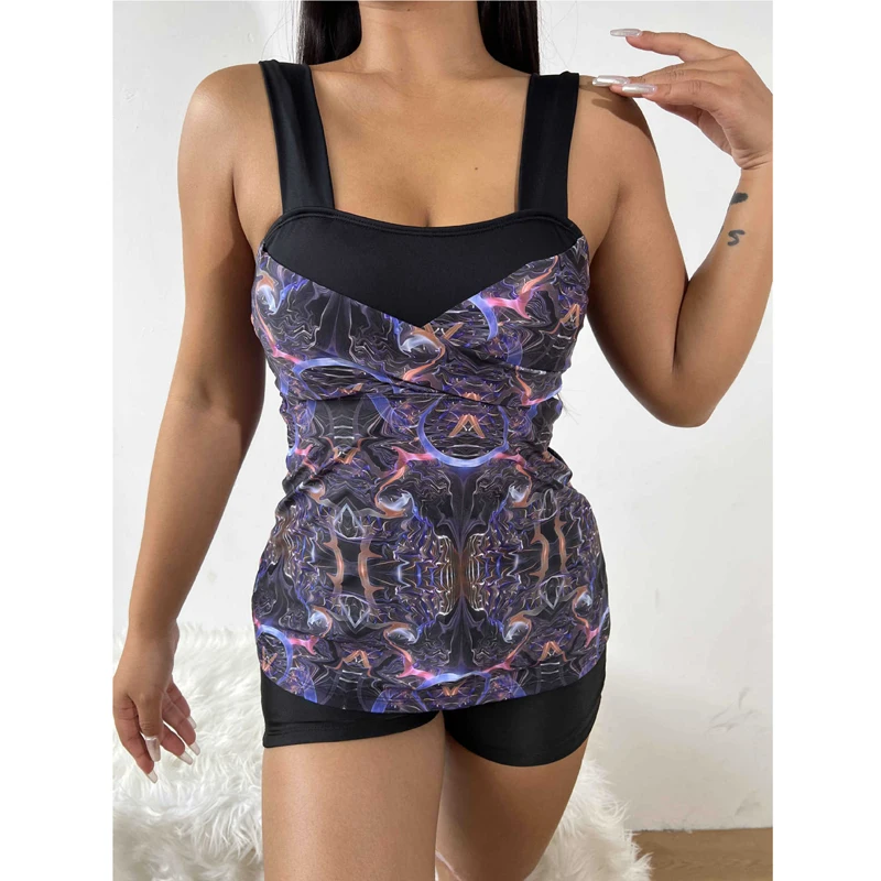 

Plus Size Women Sexy Two-piece Tankini Swimwear Printing High Waist Bikini Set 2024 New Summer Swimsuit Beachwear Swimdress