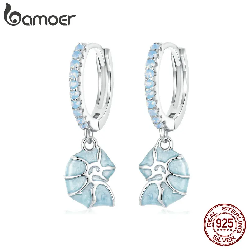 

BAMOER 925 Sterling Silver Blue Conch Ear Buckles Sea Shell Drop Hypoallergenic Earrings for Women Ocean Series Jewelry BSE1012