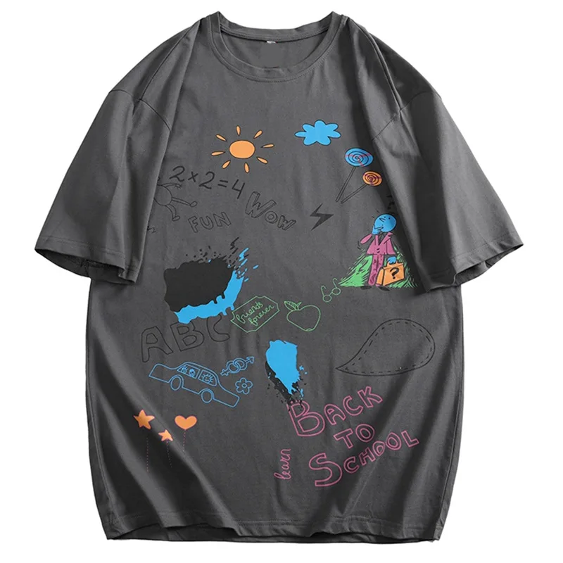 

Summer 2022 100%cotton T-shirt Men's Loose Hong Kong Style Fashion Streetwear Hip Hop Graffiti Short Sleeve Half Sleeve Top