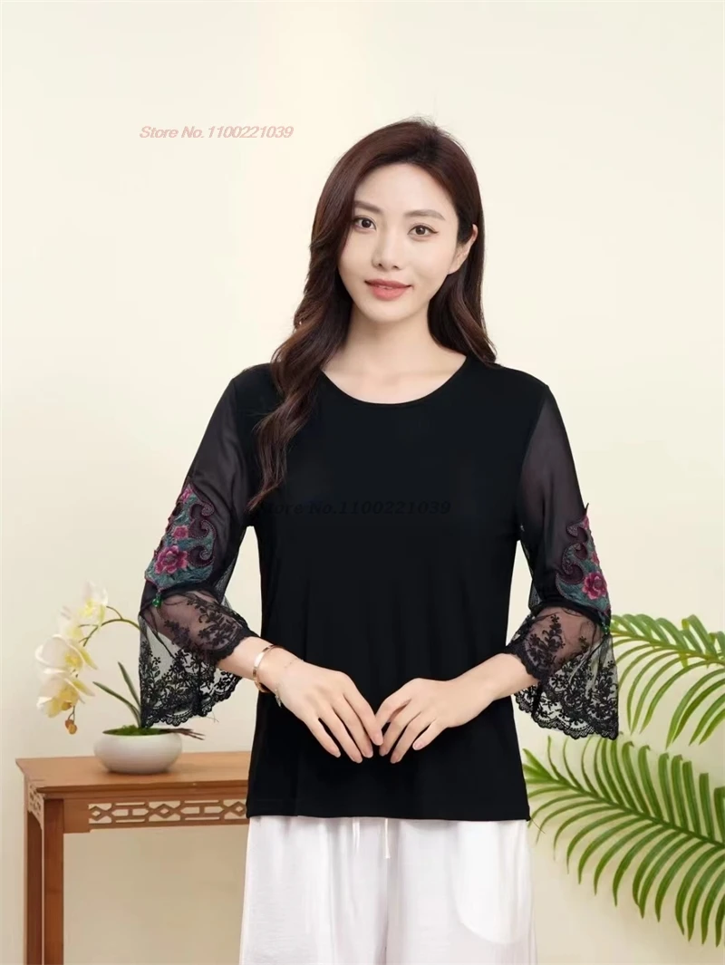 

2024 national flower embroidery o-neck ethnic shirt women vintage base shirt traditional folk t-shirt oriental mesh sleeve shirt