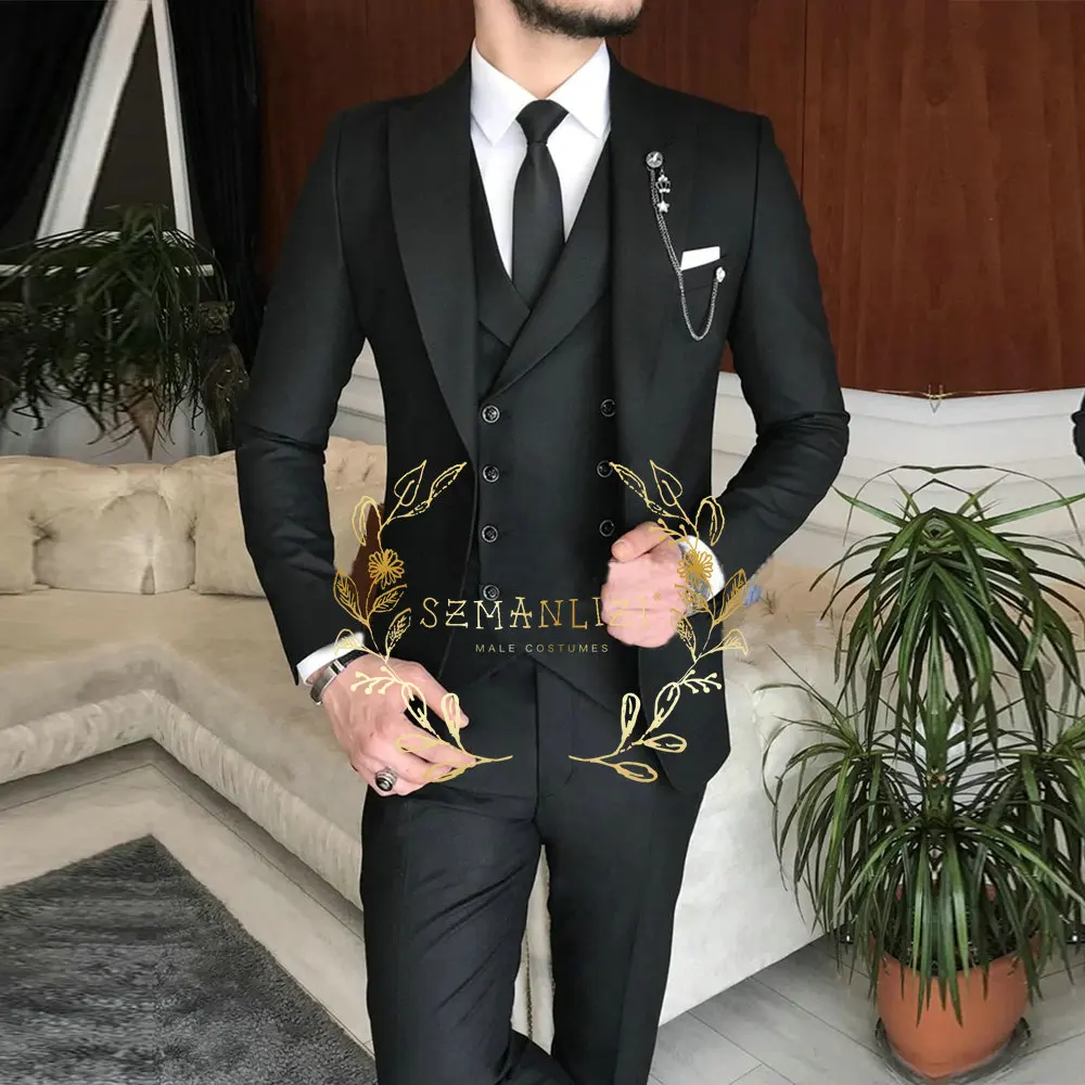 Male Suits Slim Fit 3 Pieces Peak Lapel Dark Green Classic Men Wedding Suits Groom (Blazer+Vest+Pants) Costume Homme mens suit