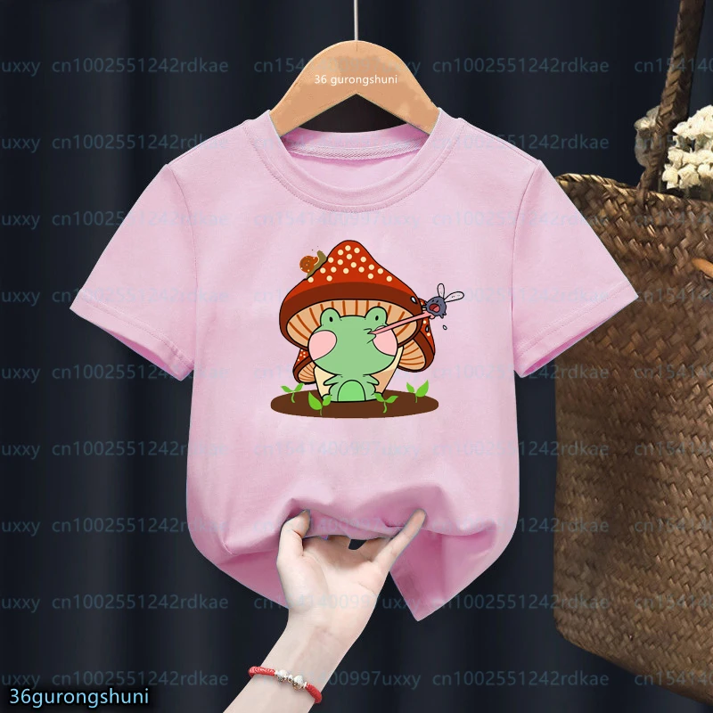 T-Shirt Per Ragazze Funny Strawberry Mushroom Milk Frog Animal Print Magliette Per Bambini Fashion Girls Pink O-Collo Camicie Tops1-12Y