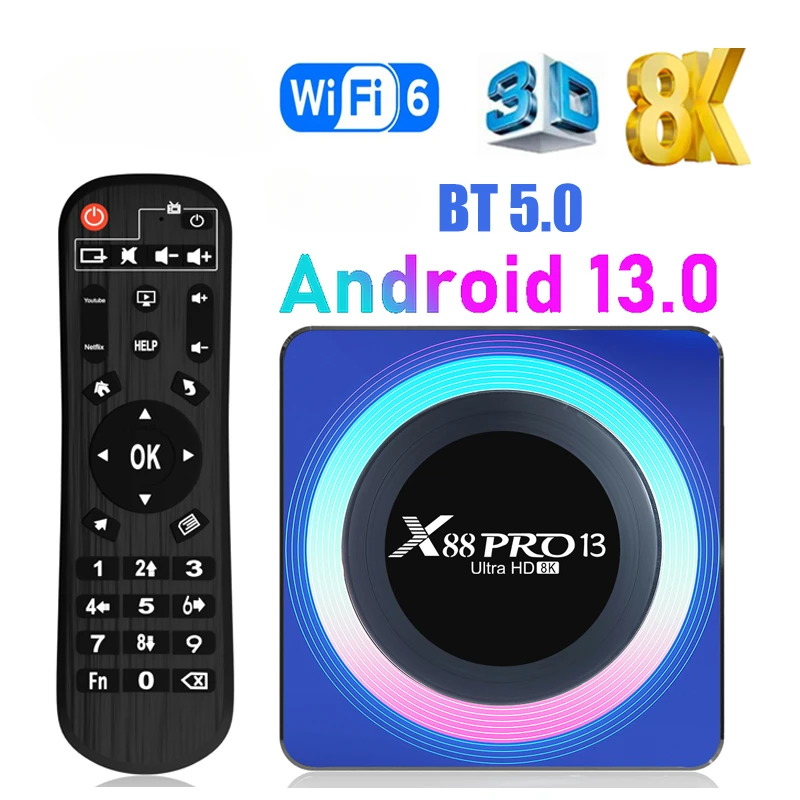 

ТВ-приставка X88Pro 13, Android 13, 4 + 64 ГБ, 8K, Wi-Fi, Bluetooth